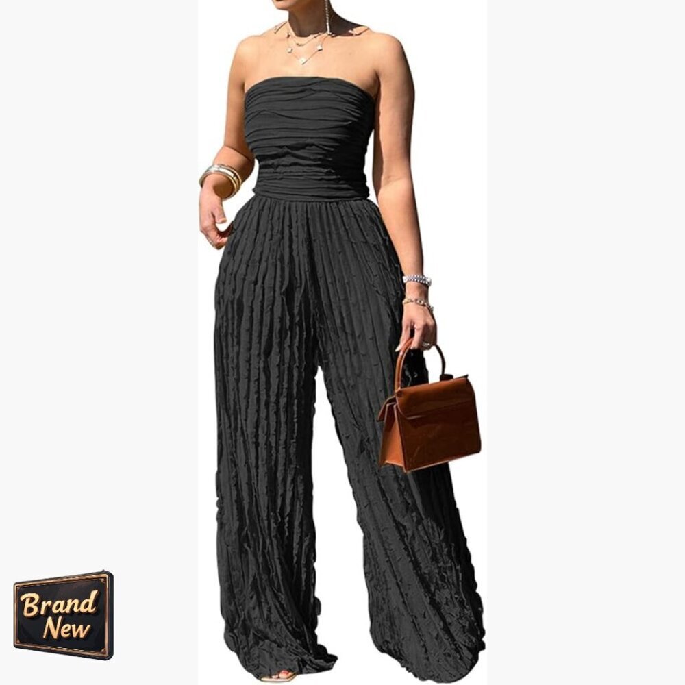 Strapless Backless Jumpsuit Wide Leg Polyester Romper Size Large